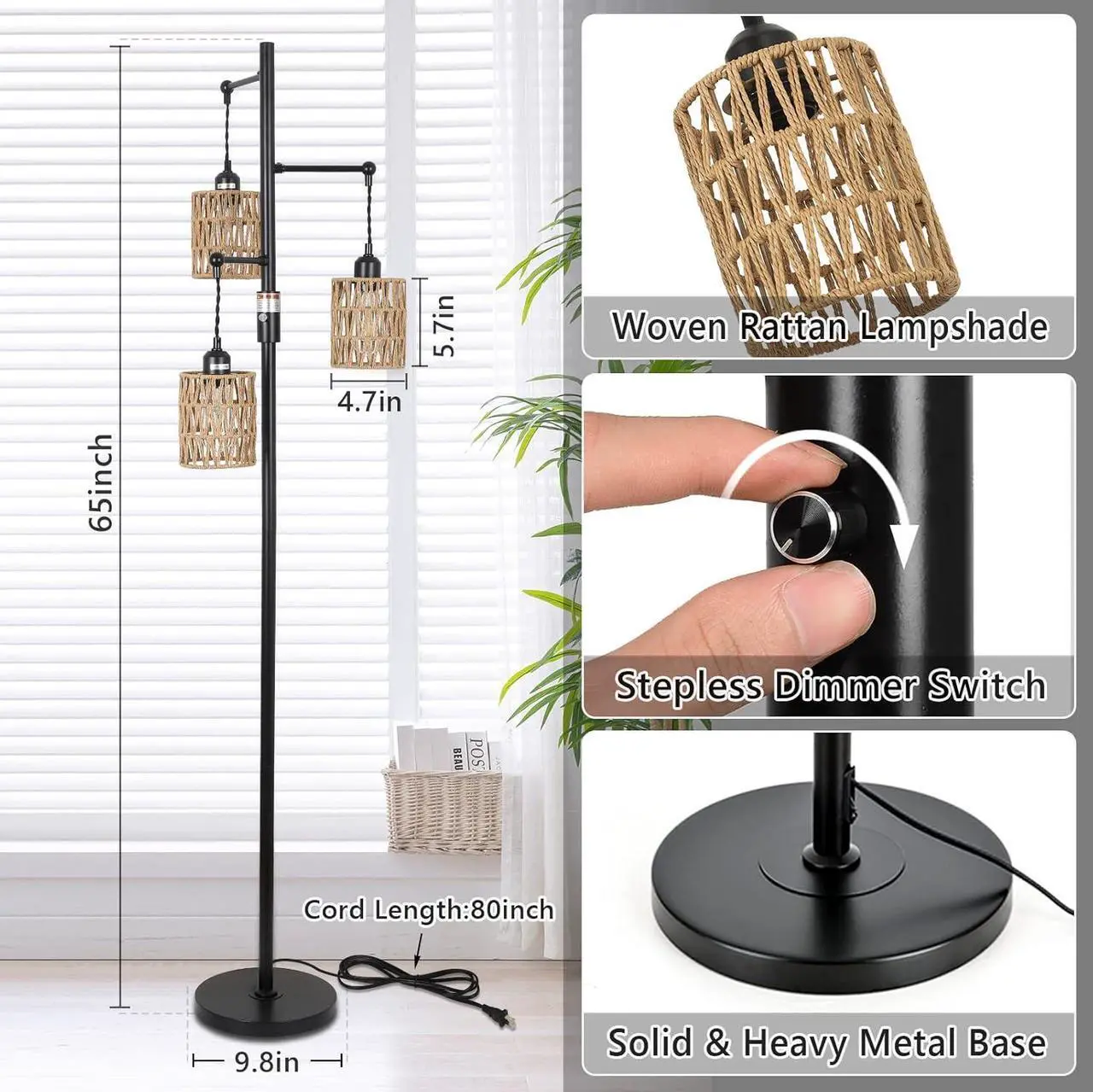 Alt view image 4 of 7 - Bohemian Farmhouse Floor Lamp, Black, 65-Inch, Dimmable, 3 E26 UL Sockets, Natural Rattan Shade, Reinforced Metal Base, 24 Months Warranty