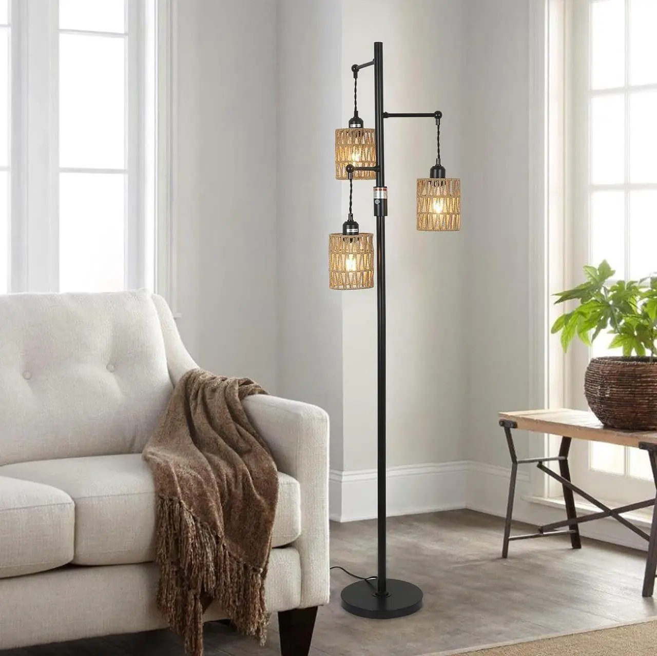 Alt view image 5 of 7 - Bohemian Farmhouse Floor Lamp, Black, 65-Inch, Dimmable, 3 E26 UL Sockets, Natural Rattan Shade, Reinforced Metal Base, 24 Months Warranty
