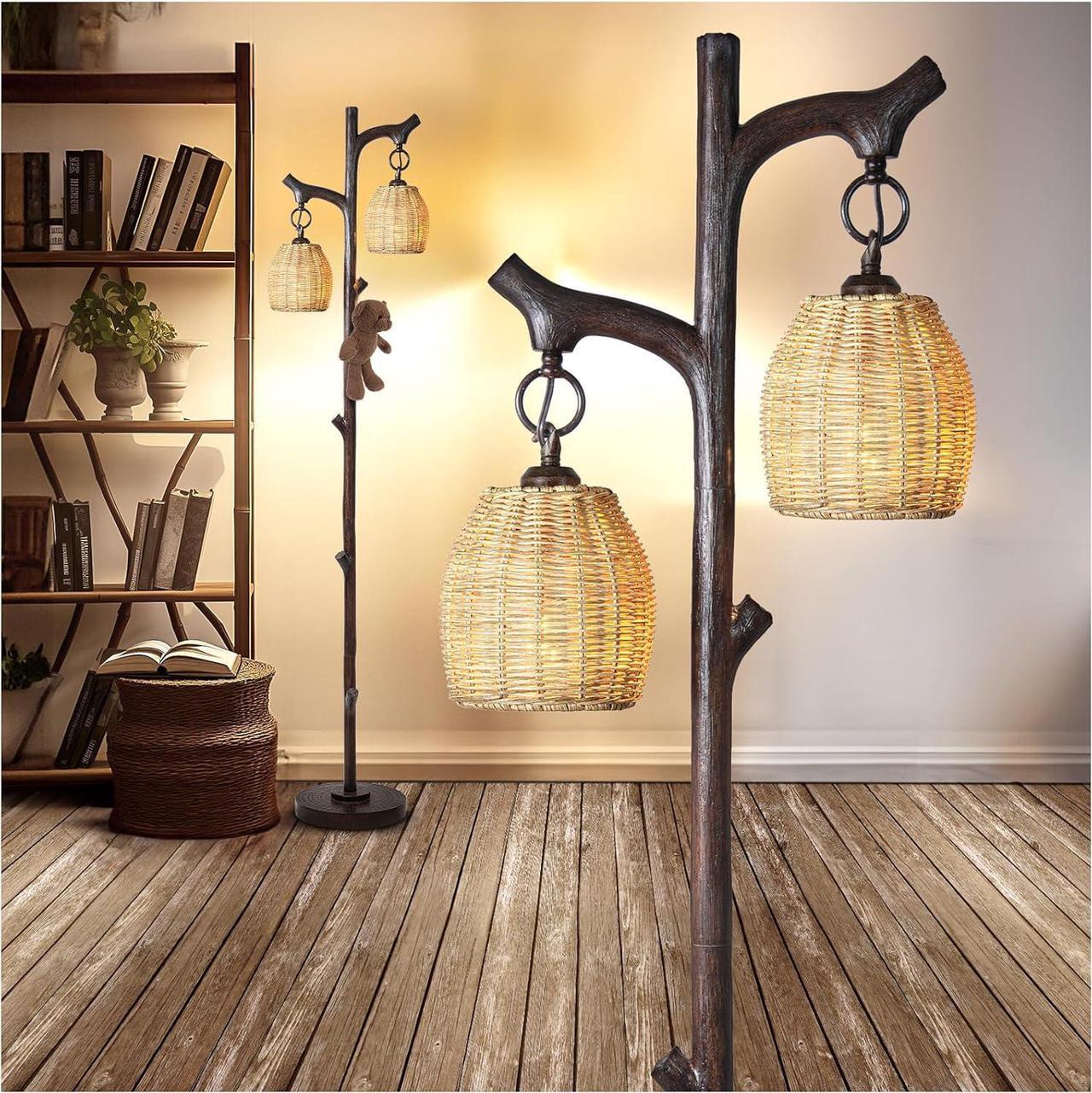 Main image of 68" High Farmhouse Rustic Country Cottage Floor Lamp Tree Trunk Faux Wood Column Dark Bronze Wicker Drum Shade Decor for Living Room Bedroom Reading Room