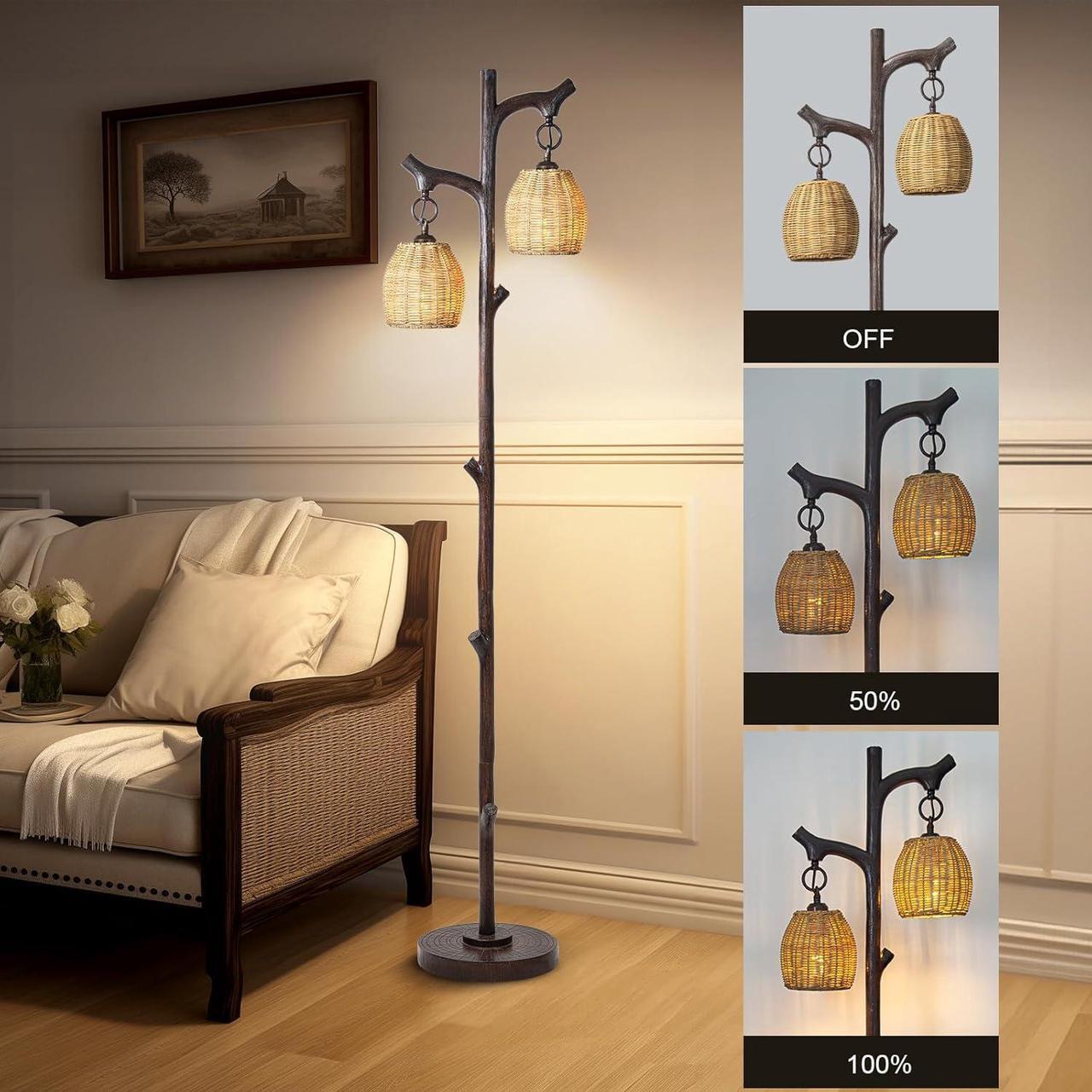 Alt view image 3 of 6 - 68" High Farmhouse Rustic Country Cottage Floor Lamp Tree Trunk Faux Wood Column Dark Bronze Wicker Drum Shade Decor for Living Room Bedroom Reading Room