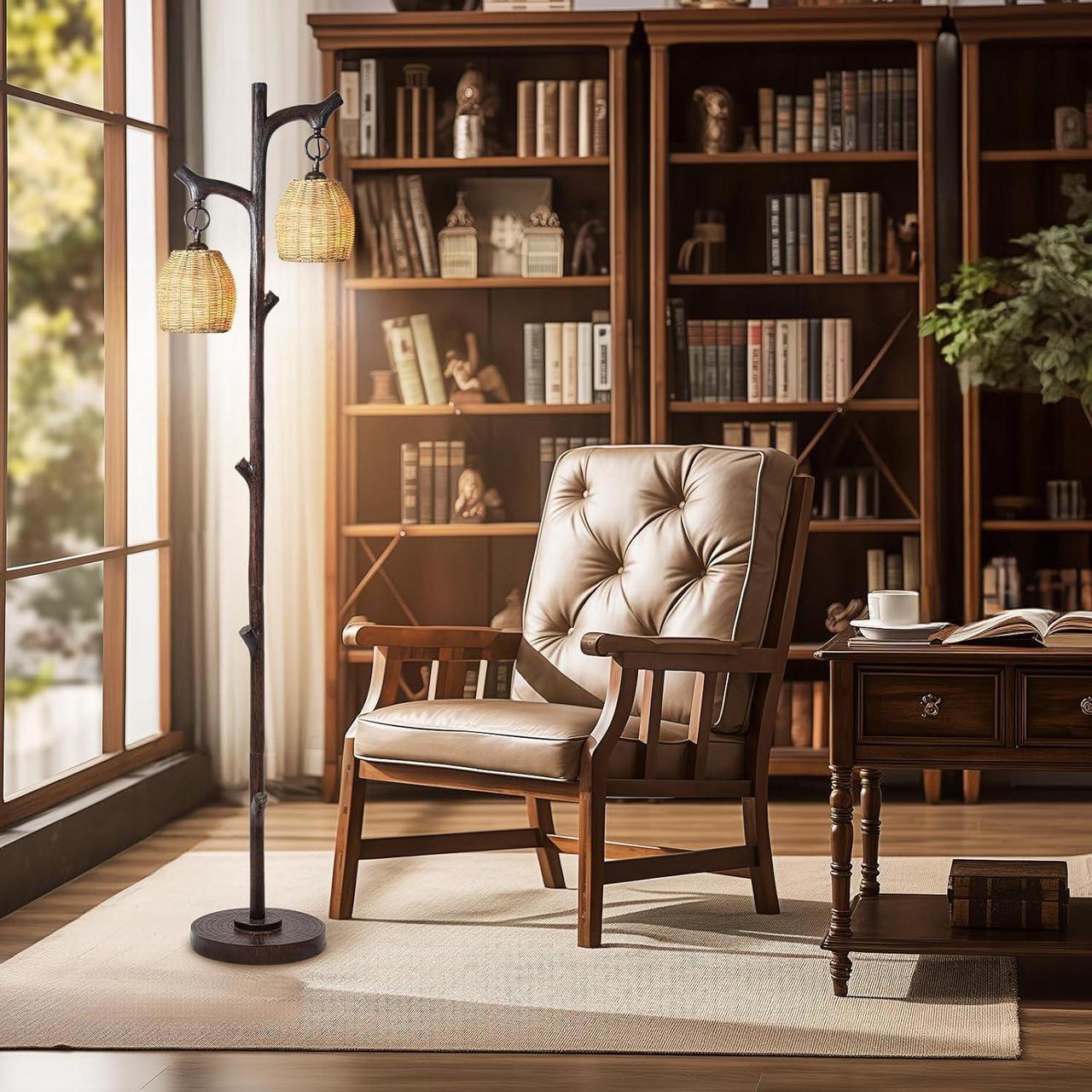 Alt view image 4 of 6 - 68" High Farmhouse Rustic Country Cottage Floor Lamp Tree Trunk Faux Wood Column Dark Bronze Wicker Drum Shade Decor for Living Room Bedroom Reading Room