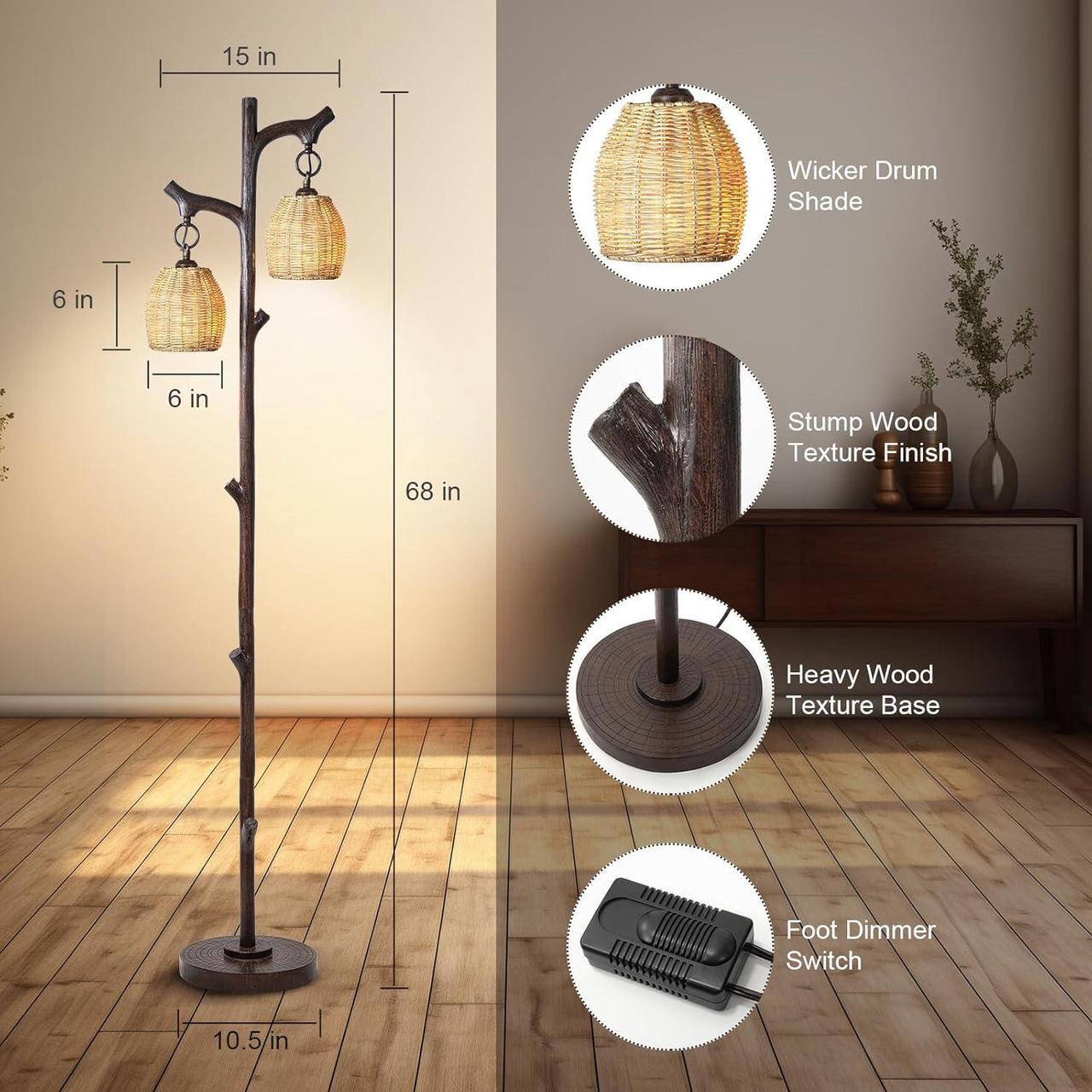 Alt view image 2 of 6 - 68" High Farmhouse Rustic Country Cottage Floor Lamp Tree Trunk Faux Wood Column Dark Bronze Wicker Drum Shade Decor for Living Room Bedroom Reading Room