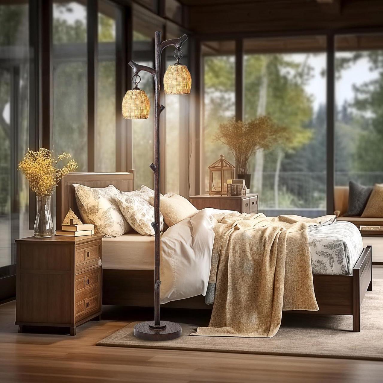 Alt view image 5 of 6 - 68" High Farmhouse Rustic Country Cottage Floor Lamp Tree Trunk Faux Wood Column Dark Bronze Wicker Drum Shade Decor for Living Room Bedroom Reading Room