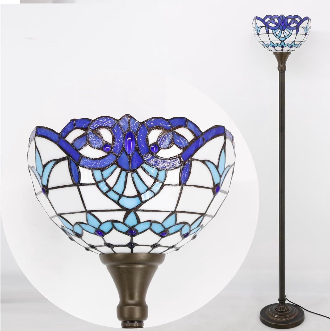 Alt view image 2 of 7 - WERFACTORY Tiffany Floor Lamp Navy Blue Baroque Stained Glass Light 12X12X66 Inches Pole Torchiere Standing Corner Torch Uplight Decor Bedroom Living Room Home Office S003B Series