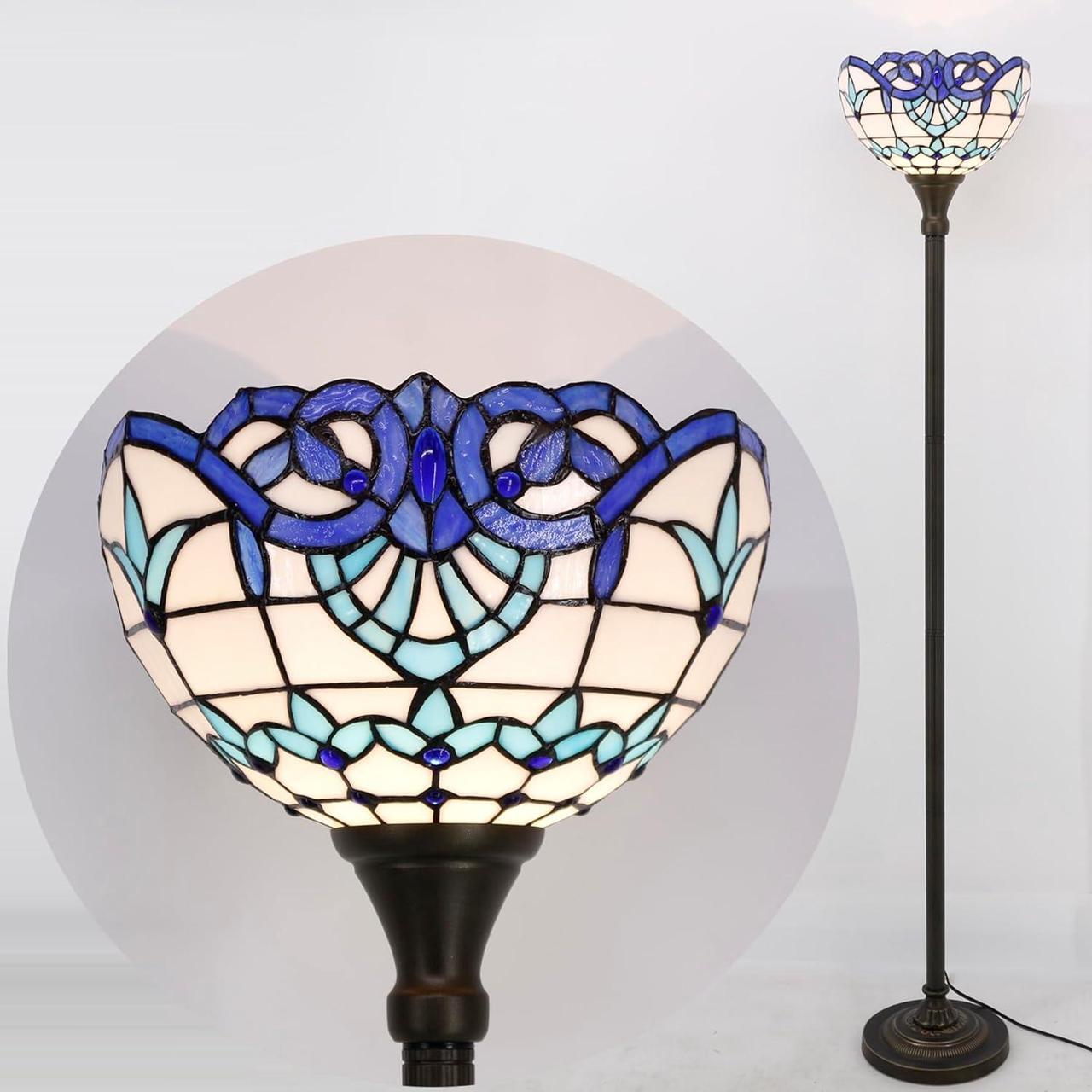 Alt view image 4 of 7 - WERFACTORY Tiffany Floor Lamp Navy Blue Baroque Stained Glass Light 12X12X66 Inches Pole Torchiere Standing Corner Torch Uplight Decor Bedroom Living Room Home Office S003B Series