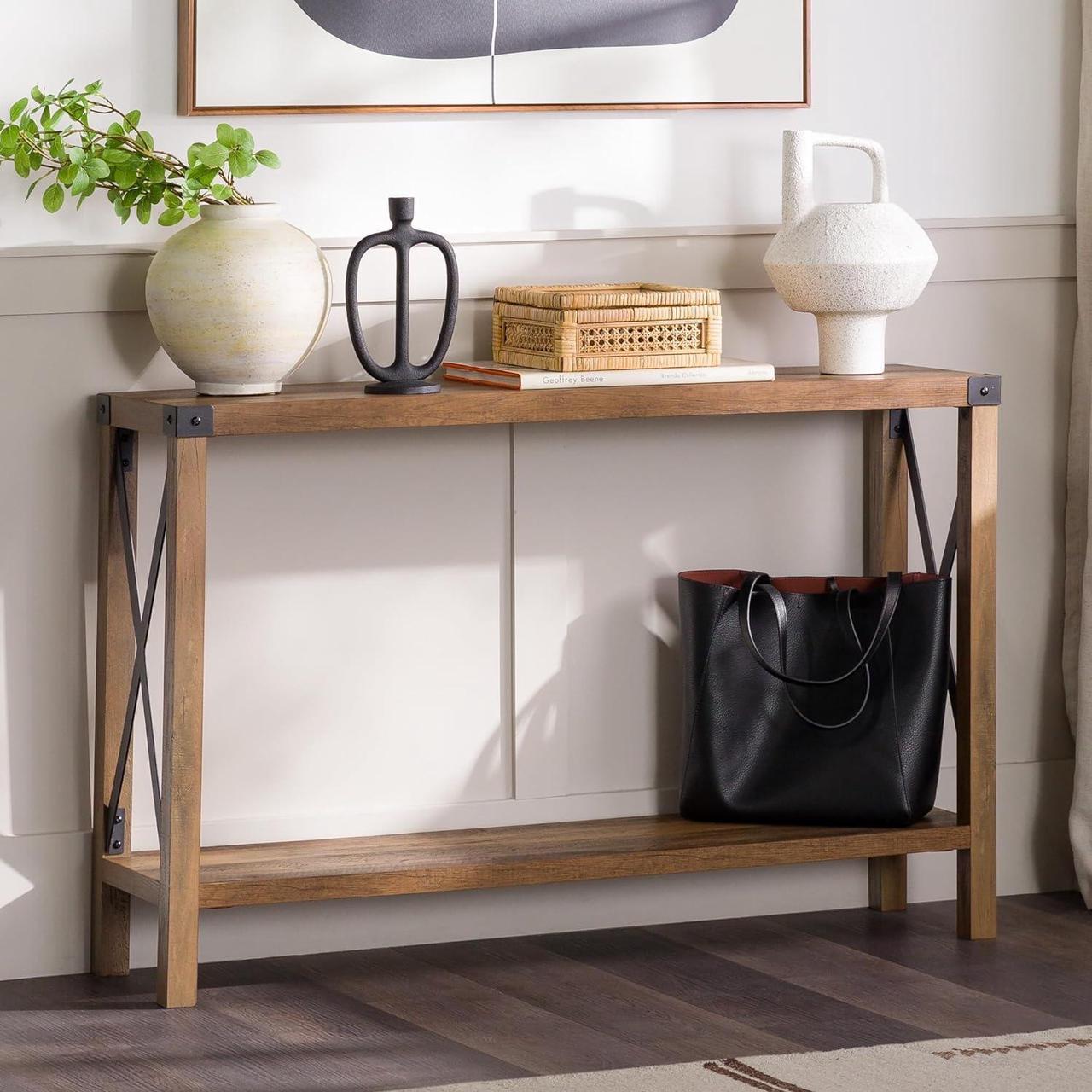Alt view image 2 of 7 - Walker Edison Sedalia Modern Farmhouse Metal X Entry Table, 46 Inch, Rustic Oak