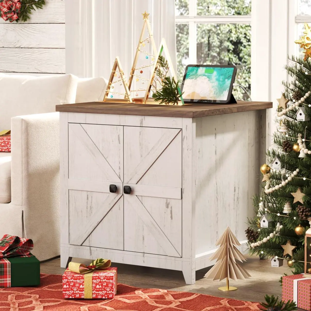 Main image of Lifewit Farmhouse End Table with Charging Station and USB Ports, 24" Large Tabletop Side Table with Double Barn Doors, Wood Square Nightstand for Living Room, Office, Bedroom, Rustic White