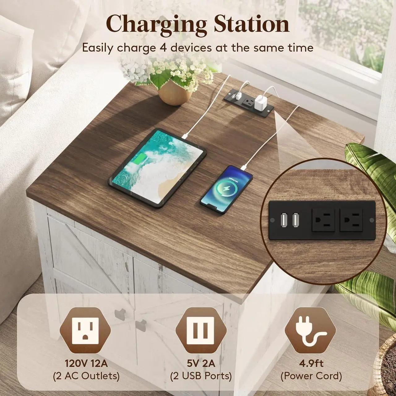 Alt view image 3 of 7 - Lifewit Farmhouse End Table with Charging Station and USB Ports, 24" Large Tabletop Side Table with Double Barn Doors, Wood Square Nightstand for Living Room, Office, Bedroom, Rustic White