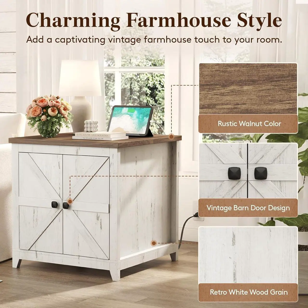 Alt view image 5 of 7 - Lifewit Farmhouse End Table with Charging Station and USB Ports, 24" Large Tabletop Side Table with Double Barn Doors, Wood Square Nightstand for Living Room, Office, Bedroom, Rustic White