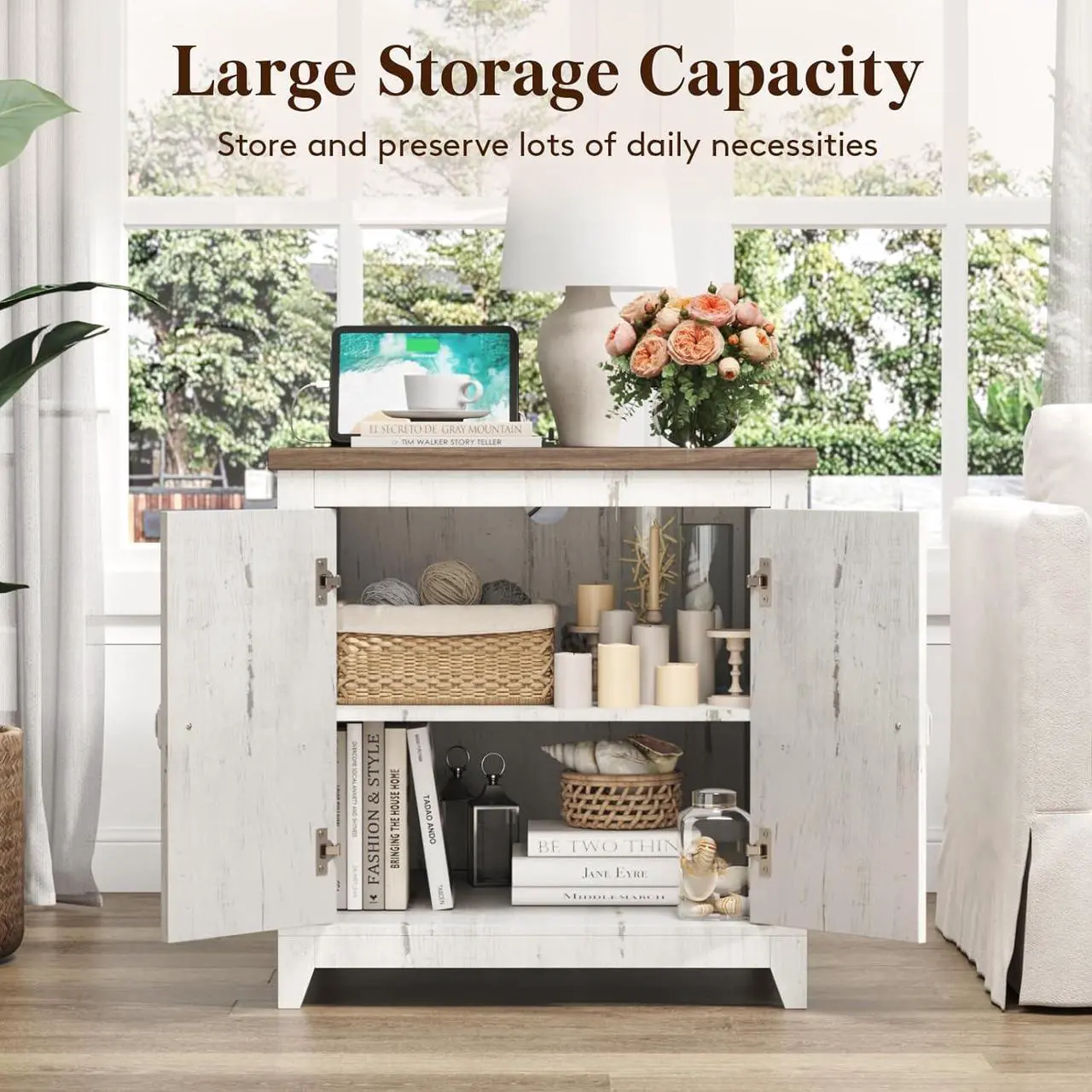 Alt view image 6 of 7 - Lifewit Farmhouse End Table with Charging Station and USB Ports, 24" Large Tabletop Side Table with Double Barn Doors, Wood Square Nightstand for Living Room, Office, Bedroom, Rustic White