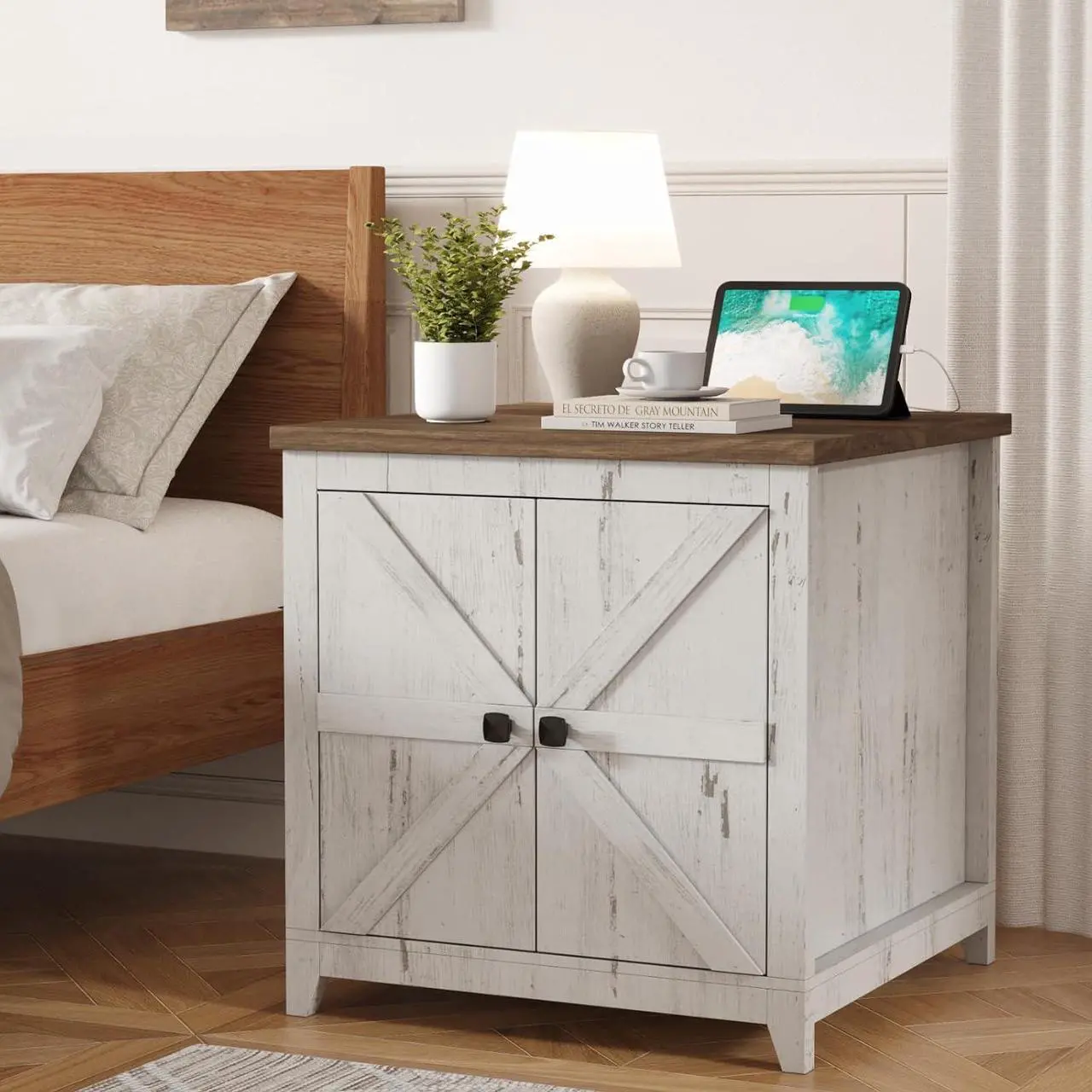 Alt view image 7 of 7 - Lifewit Farmhouse End Table with Charging Station and USB Ports, 24" Large Tabletop Side Table with Double Barn Doors, Wood Square Nightstand for Living Room, Office, Bedroom, Rustic White