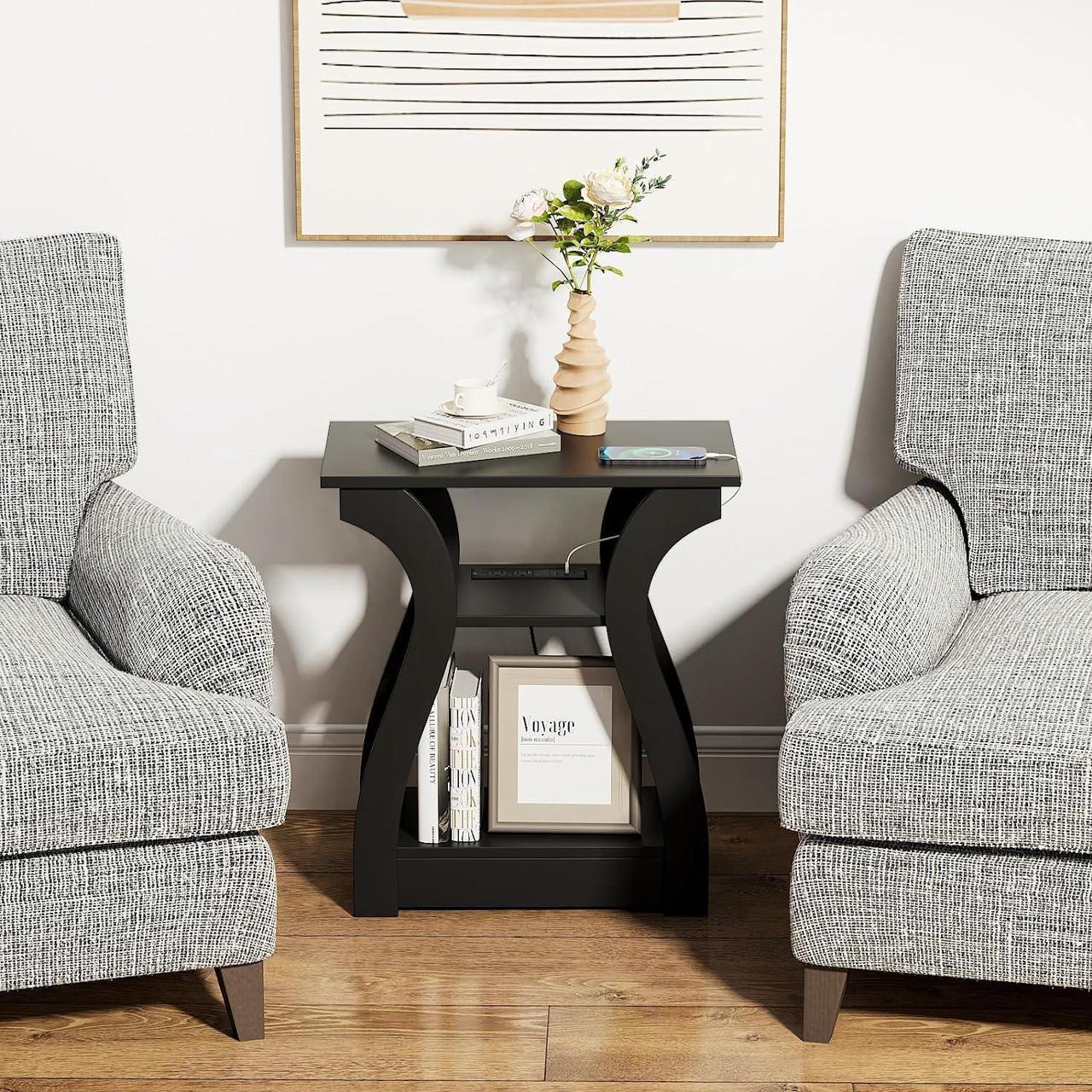 Main image of End Table with Charging Station, Side Table with USB Ports and Outlets, 3 Tier Nightstand Sofa Table for Small Spaces, Beside Table with Storage Shelf for Living Room, Bedroom