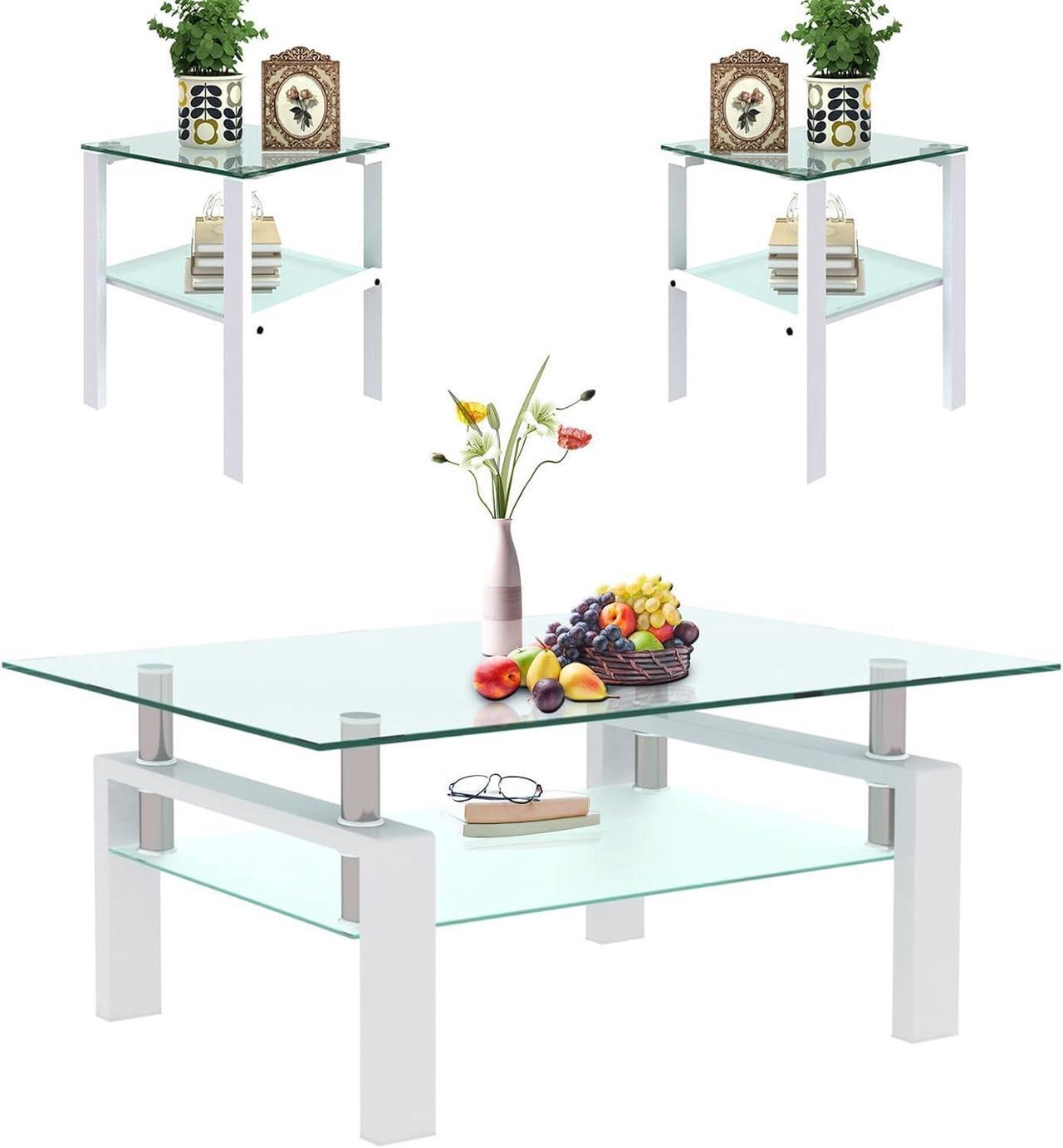 Main image of Glass Coffee Table and End Table Sets, White Tempered Glass Living Room Table Set of 3, Modern Tea Table & 2 Side Tables 2-Layer Perfect for Home Office Furniture