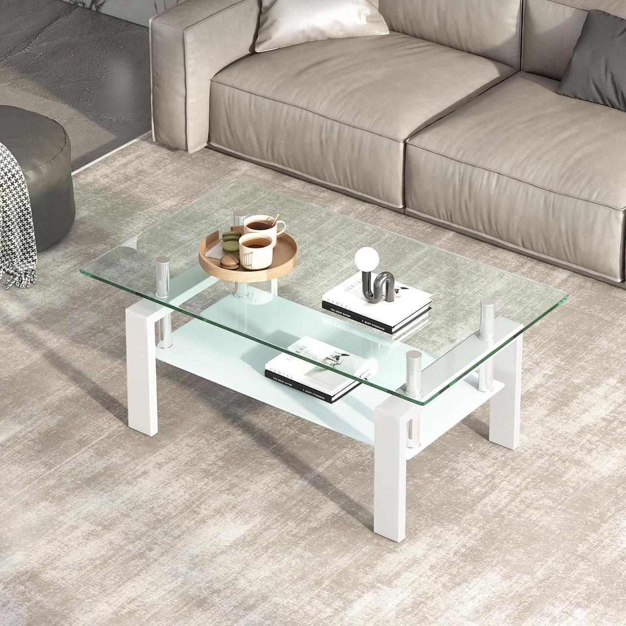 Alt view image 2 of 7 - Glass Coffee Table and End Table Sets, White Tempered Glass Living Room Table Set of 3, Modern Tea Table & 2 Side Tables 2-Layer Perfect for Home Office Furniture