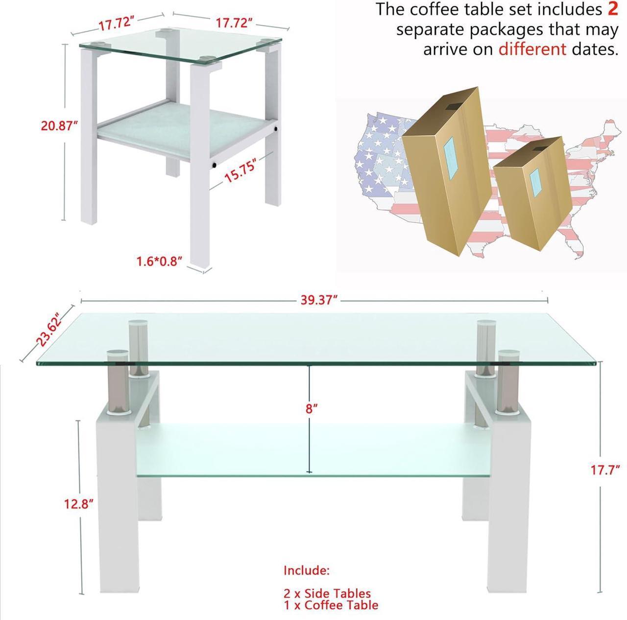 Alt view image 3 of 7 - Glass Coffee Table and End Table Sets, White Tempered Glass Living Room Table Set of 3, Modern Tea Table & 2 Side Tables 2-Layer Perfect for Home Office Furniture