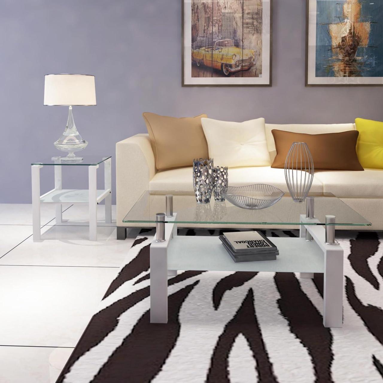 Alt view image 5 of 7 - Glass Coffee Table and End Table Sets, White Tempered Glass Living Room Table Set of 3, Modern Tea Table & 2 Side Tables 2-Layer Perfect for Home Office Furniture