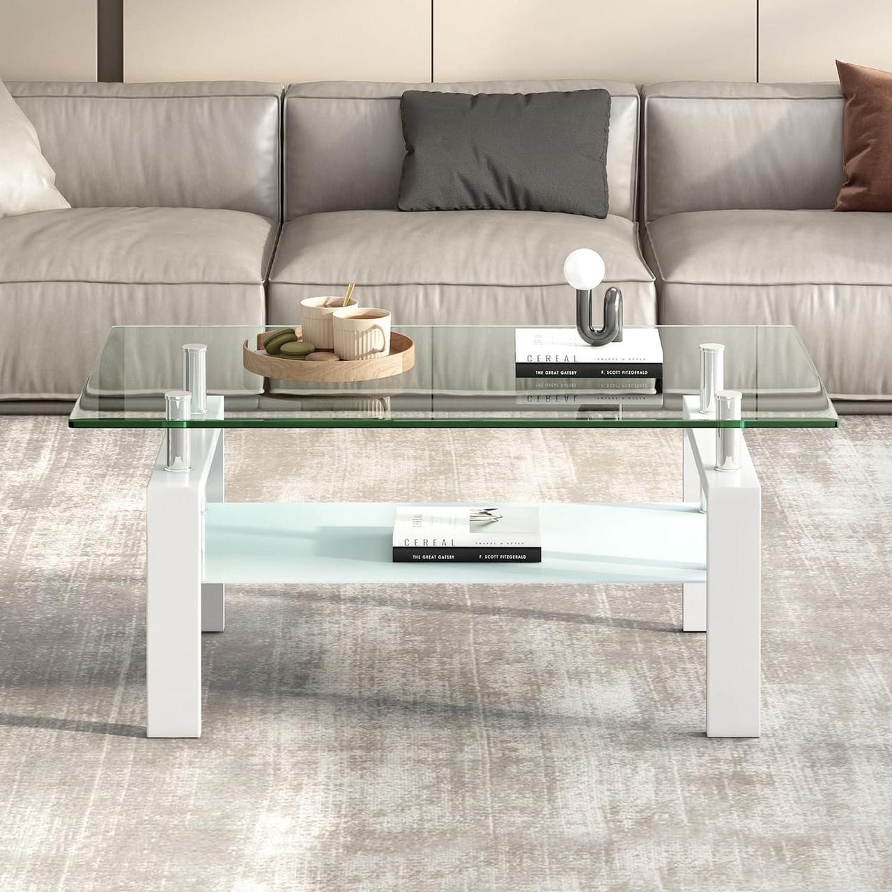 Alt view image 7 of 7 - Glass Coffee Table and End Table Sets, White Tempered Glass Living Room Table Set of 3, Modern Tea Table & 2 Side Tables 2-Layer Perfect for Home Office Furniture