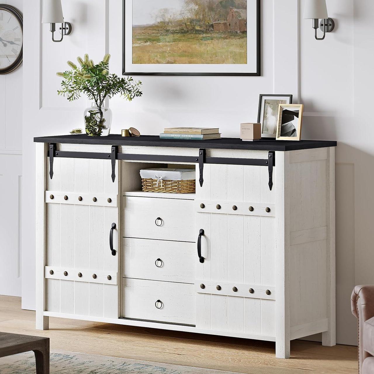 Main image of REAHOME Buffet Cabinet with Storage, 48" Sideboard Buffet Cabinet with Sliding Barn Doors & 3 Drawers, Farmhouse Wood Coffee Bar Cabinet Buffet Table for Kitchen, Dining Room,Living Room, White