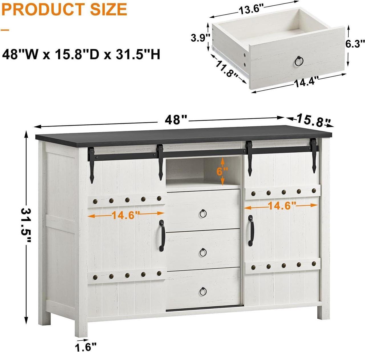 Alt view image 2 of 7 - REAHOME Buffet Cabinet with Storage, 48" Sideboard Buffet Cabinet with Sliding Barn Doors & 3 Drawers, Farmhouse Wood Coffee Bar Cabinet Buffet Table for Kitchen, Dining Room,Living Room, White