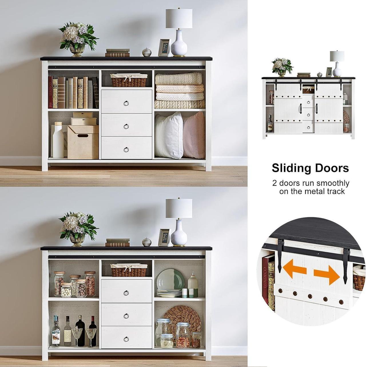 Alt view image 3 of 7 - REAHOME Buffet Cabinet with Storage, 48" Sideboard Buffet Cabinet with Sliding Barn Doors & 3 Drawers, Farmhouse Wood Coffee Bar Cabinet Buffet Table for Kitchen, Dining Room,Living Room, White