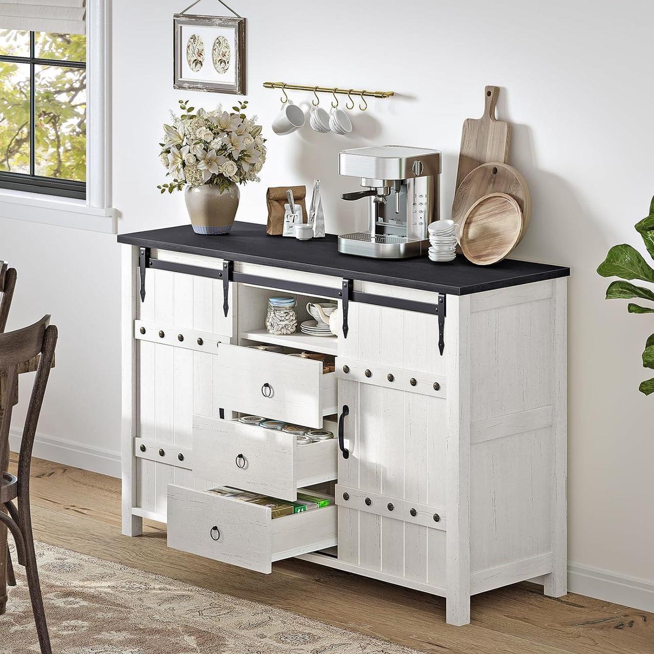 Alt view image 5 of 7 - REAHOME Buffet Cabinet with Storage, 48" Sideboard Buffet Cabinet with Sliding Barn Doors & 3 Drawers, Farmhouse Wood Coffee Bar Cabinet Buffet Table for Kitchen, Dining Room,Living Room, White