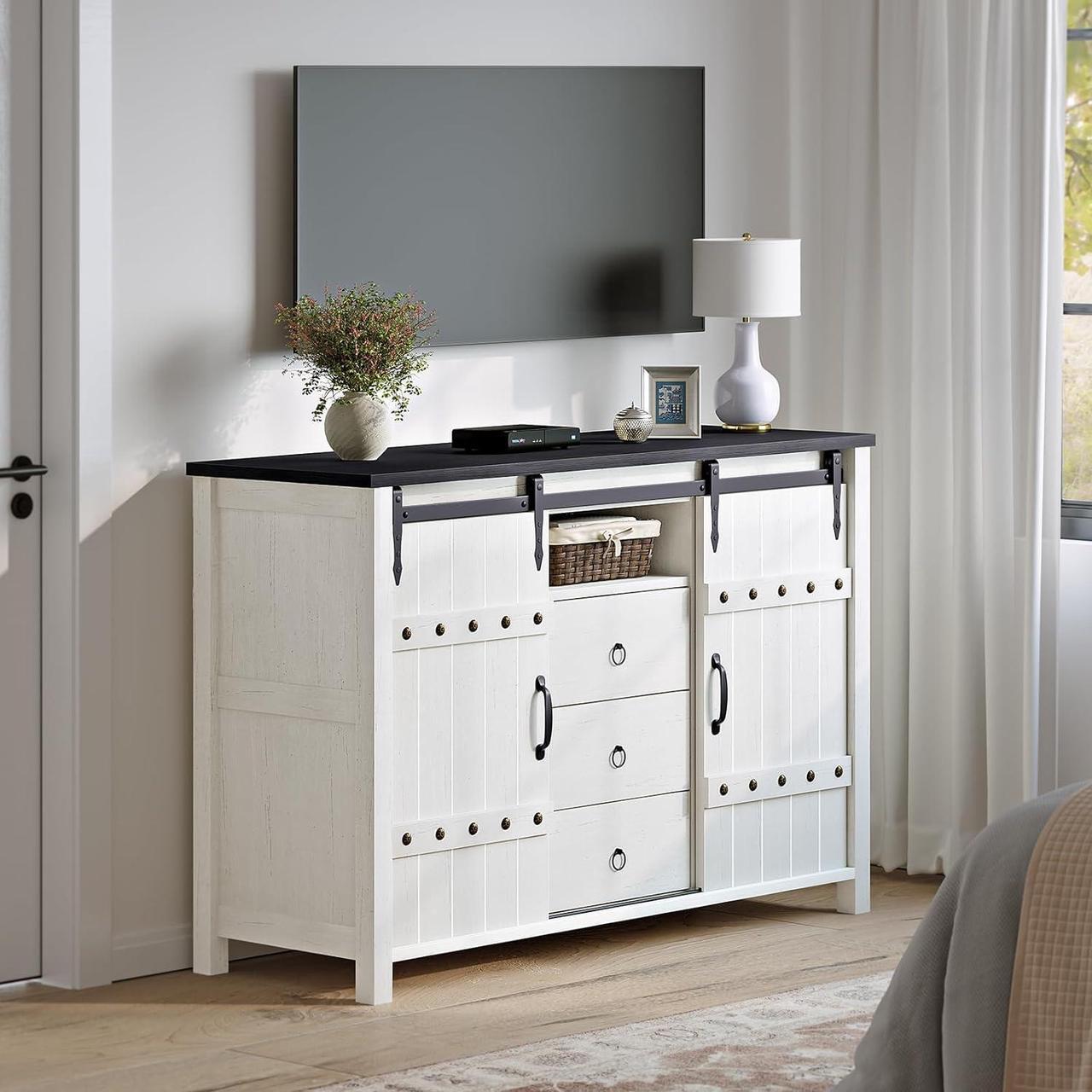 Alt view image 6 of 7 - REAHOME Buffet Cabinet with Storage, 48" Sideboard Buffet Cabinet with Sliding Barn Doors & 3 Drawers, Farmhouse Wood Coffee Bar Cabinet Buffet Table for Kitchen, Dining Room,Living Room, White