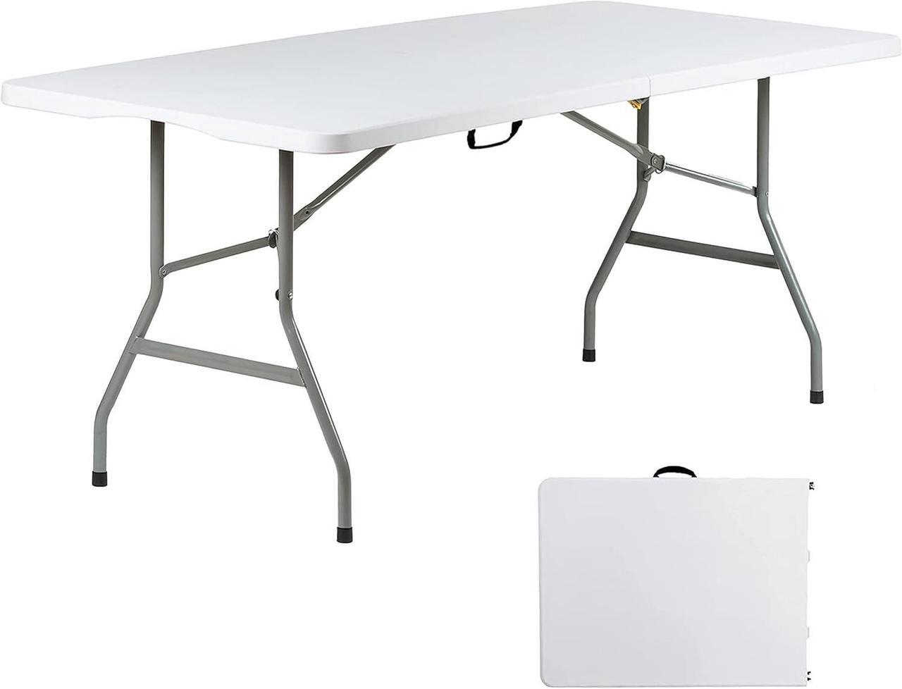 Main image of 6 Foot Folding Table 6ft Foldable Portable Plastic Tables for Party, Fold-in-Half Heavy Duty Table, 6 Utility Dining Card Long Table, Indoor Outdoor Fold up for Picnic, Camping, White, Large