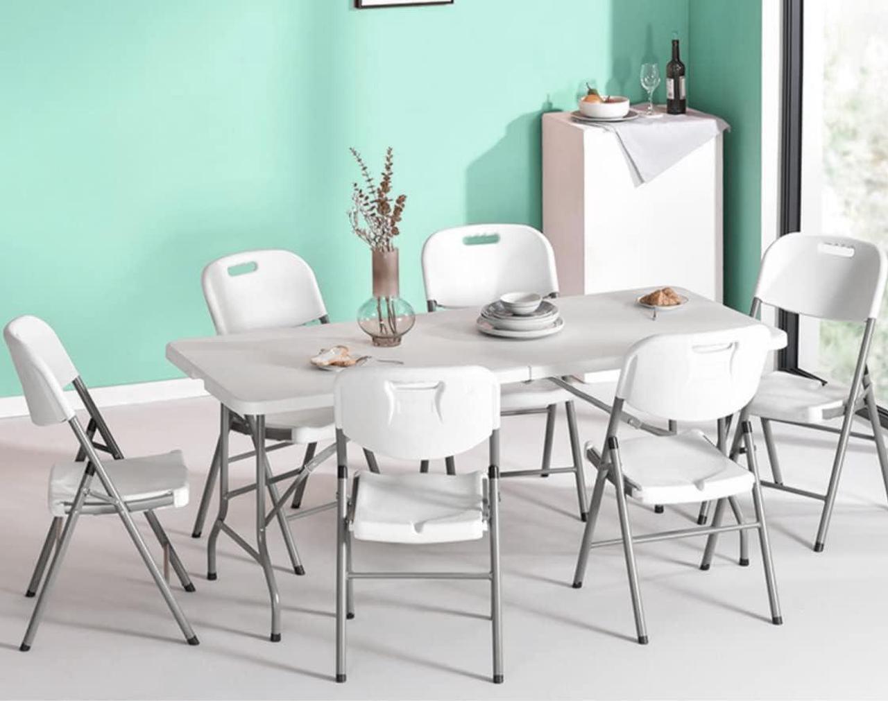 Alt view image 2 of 4 - 6 Foot Folding Table 6ft Foldable Portable Plastic Tables for Party, Fold-in-Half Heavy Duty Table, 6 Utility Dining Card Long Table, Indoor Outdoor Fold up for Picnic, Camping, White, Large