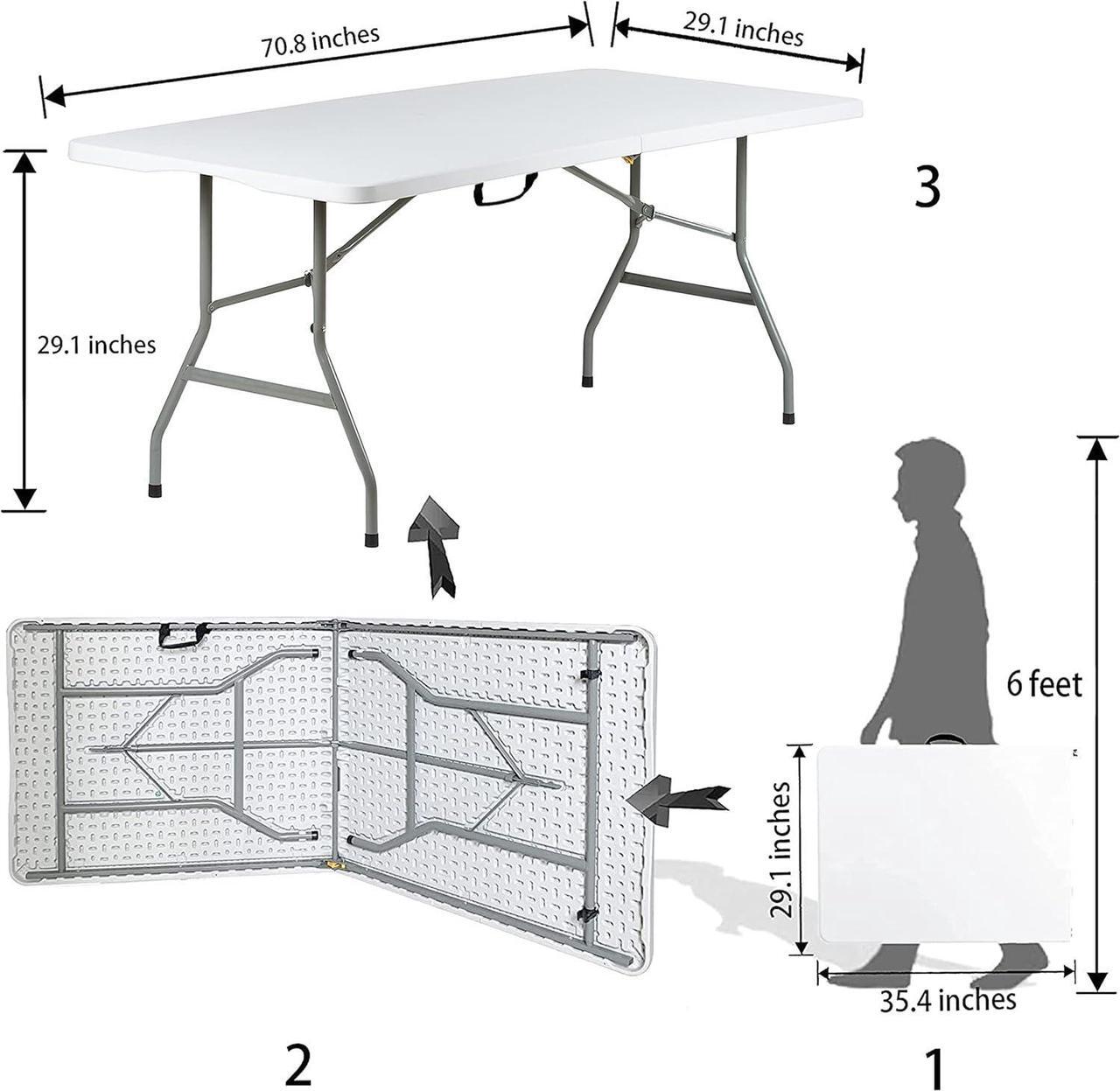 Alt view image 3 of 4 - 6 Foot Folding Table 6ft Foldable Portable Plastic Tables for Party, Fold-in-Half Heavy Duty Table, 6 Utility Dining Card Long Table, Indoor Outdoor Fold up for Picnic, Camping, White, Large