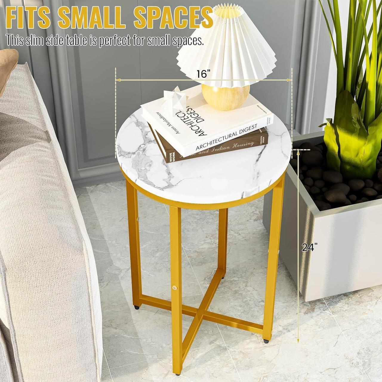 Alt view image 2 of 6 - DKLGG Modern Gold Side Table Set of 2, Small Coffee Table Round End Table with Gold Frame, Marble Side Table Bedside Table for Living Room, Bedroom, Small Space, 16" D*24" H