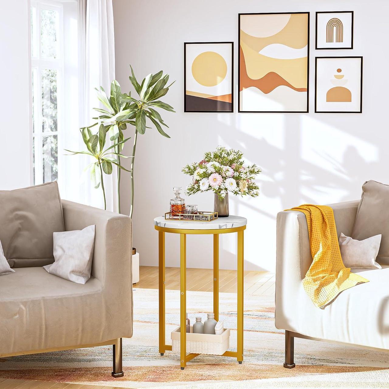 Alt view image 4 of 6 - DKLGG Modern Gold Side Table Set of 2, Small Coffee Table Round End Table with Gold Frame, Marble Side Table Bedside Table for Living Room, Bedroom, Small Space, 16" D*24" H