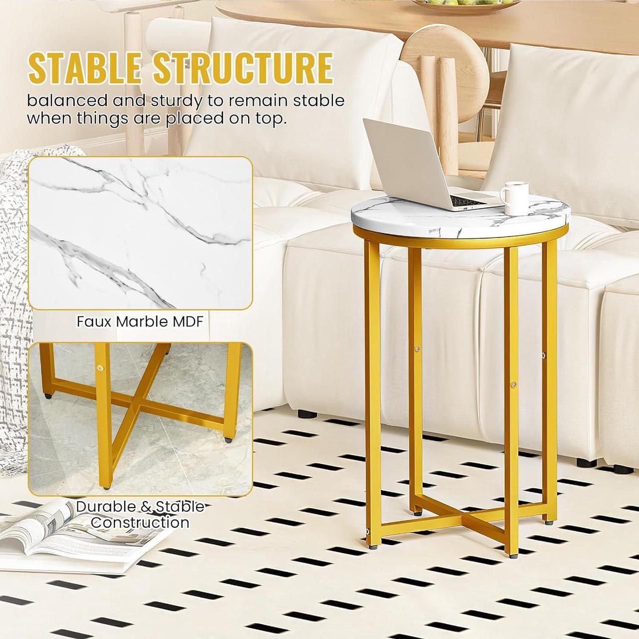 Alt view image 5 of 6 - DKLGG Modern Gold Side Table Set of 2, Small Coffee Table Round End Table with Gold Frame, Marble Side Table Bedside Table for Living Room, Bedroom, Small Space, 16" D*24" H