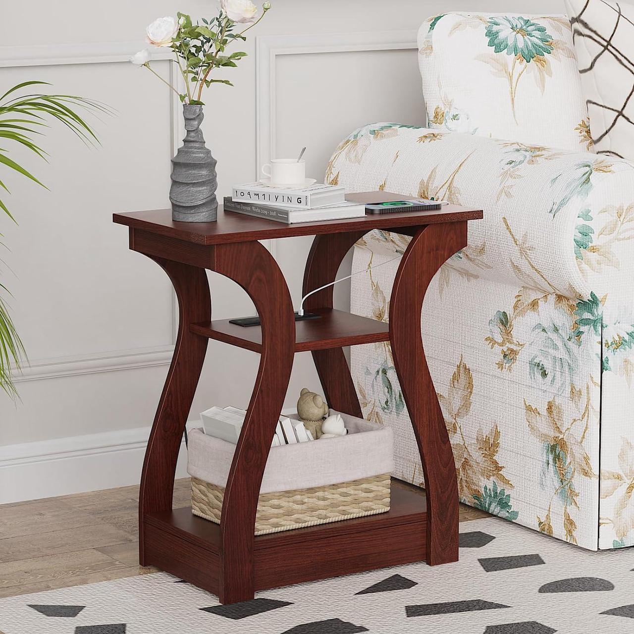 Main image of End Tables Living Room, End Table with Charging Station, Cherry End Table with USB,Side Table, Nightstand for Bedroom, 3 Tier End Table with Storage Shelf for Living Room(Cherry)