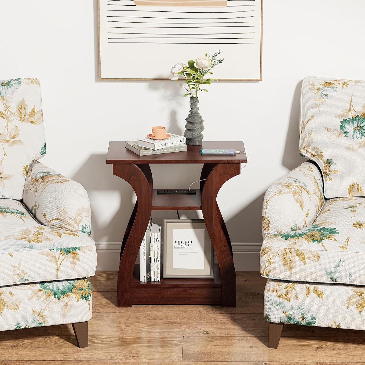 Alt view image 3 of 7 - End Tables Living Room, End Table with Charging Station, Cherry End Table with USB,Side Table, Nightstand for Bedroom, 3 Tier End Table with Storage Shelf for Living Room(Cherry)