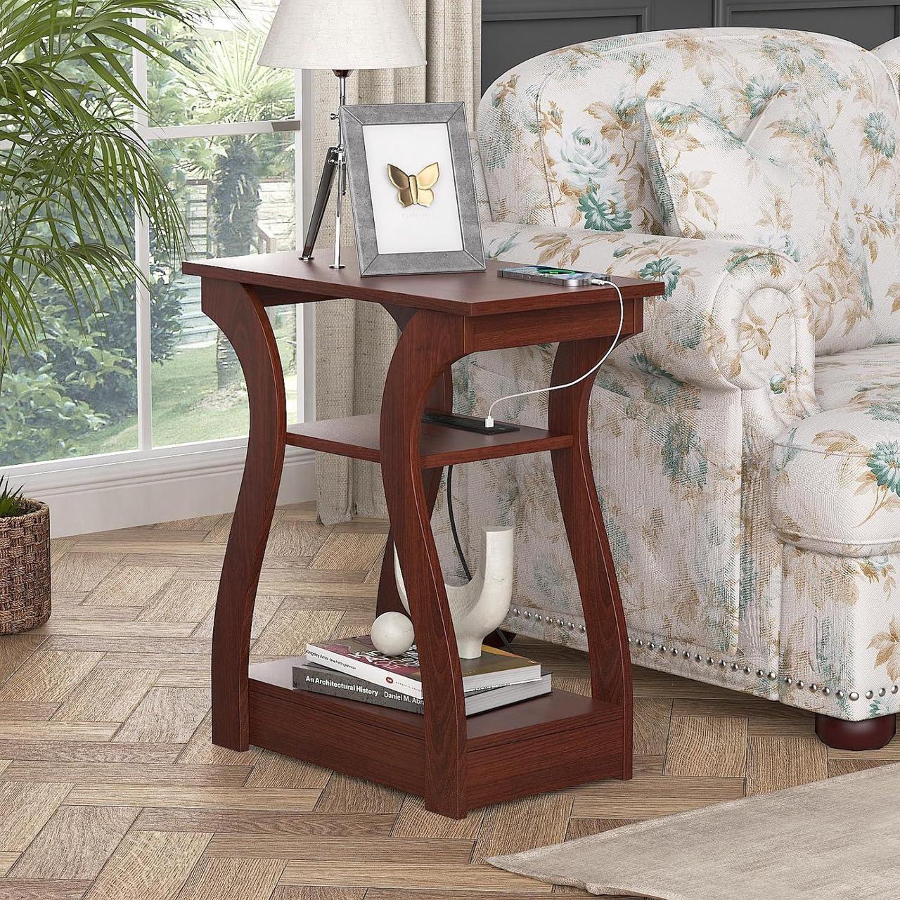 Alt view image 4 of 7 - End Tables Living Room, End Table with Charging Station, Cherry End Table with USB,Side Table, Nightstand for Bedroom, 3 Tier End Table with Storage Shelf for Living Room(Cherry)