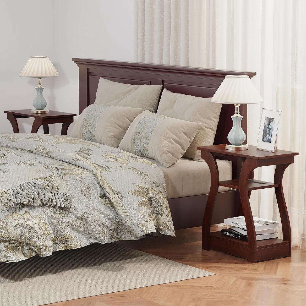 Alt view image 5 of 7 - End Tables Living Room, End Table with Charging Station, Cherry End Table with USB,Side Table, Nightstand for Bedroom, 3 Tier End Table with Storage Shelf for Living Room(Cherry)