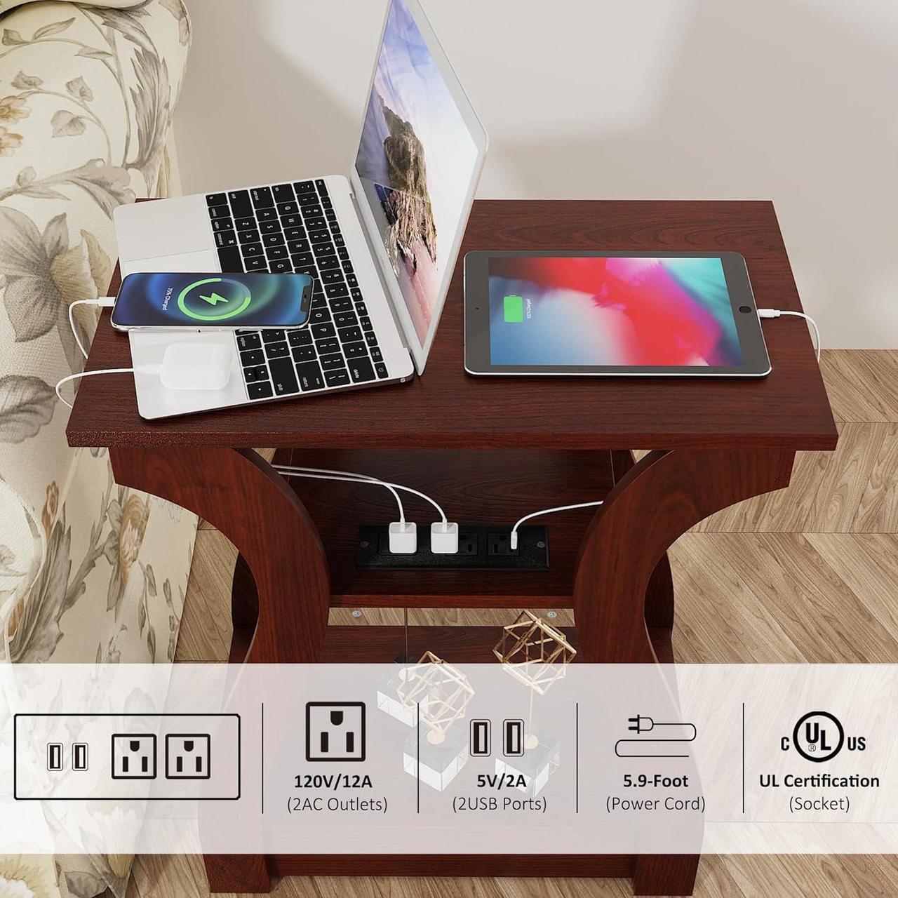 Alt view image 6 of 7 - End Tables Living Room, End Table with Charging Station, Cherry End Table with USB,Side Table, Nightstand for Bedroom, 3 Tier End Table with Storage Shelf for Living Room(Cherry)