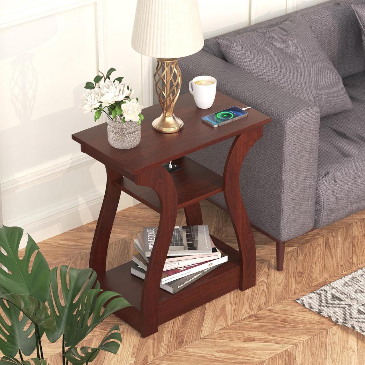 Alt view image 7 of 7 - End Tables Living Room, End Table with Charging Station, Cherry End Table with USB,Side Table, Nightstand for Bedroom, 3 Tier End Table with Storage Shelf for Living Room(Cherry)