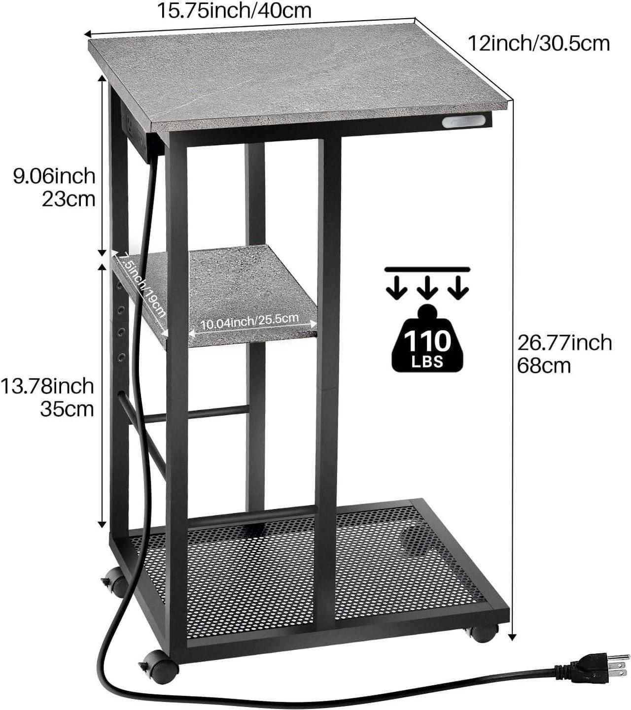 Alt view image 3 of 7 - Redlife C Shaped End Table, Small Side Table with Rolling Wheels for Couch with Charging Station, High Slide Under Sofa TableSnack Side Table with Storage Basket for Small Spaces(Grey)