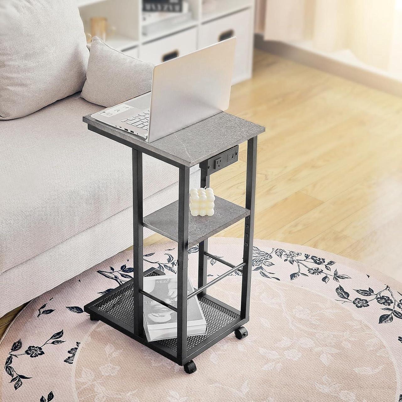Alt view image 2 of 7 - Redlife C Shaped End Table, Small Side Table with Rolling Wheels for Couch with Charging Station, High Slide Under Sofa TableSnack Side Table with Storage Basket for Small Spaces(Grey)