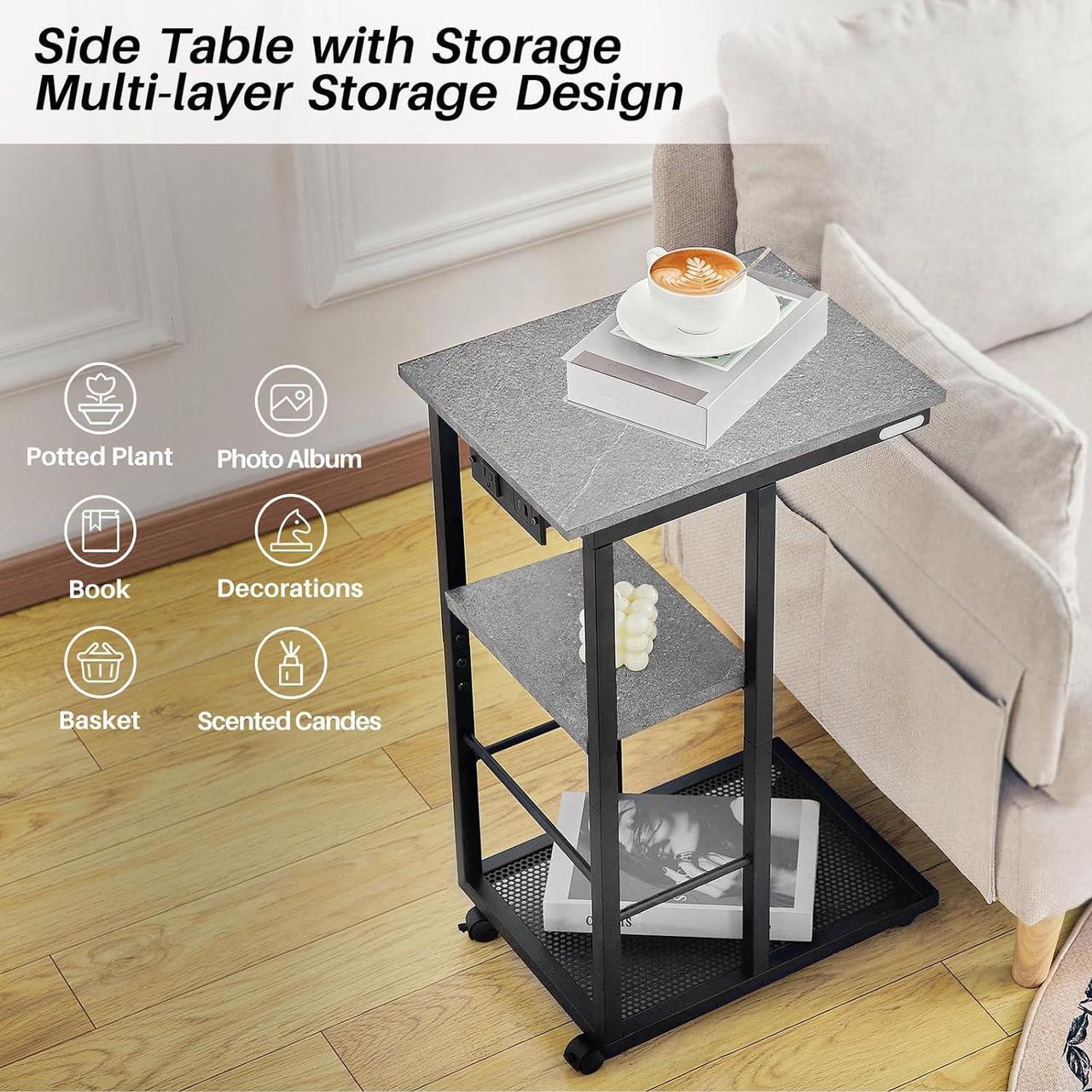 Alt view image 4 of 7 - Redlife C Shaped End Table, Small Side Table with Rolling Wheels for Couch with Charging Station, High Slide Under Sofa TableSnack Side Table with Storage Basket for Small Spaces(Grey)