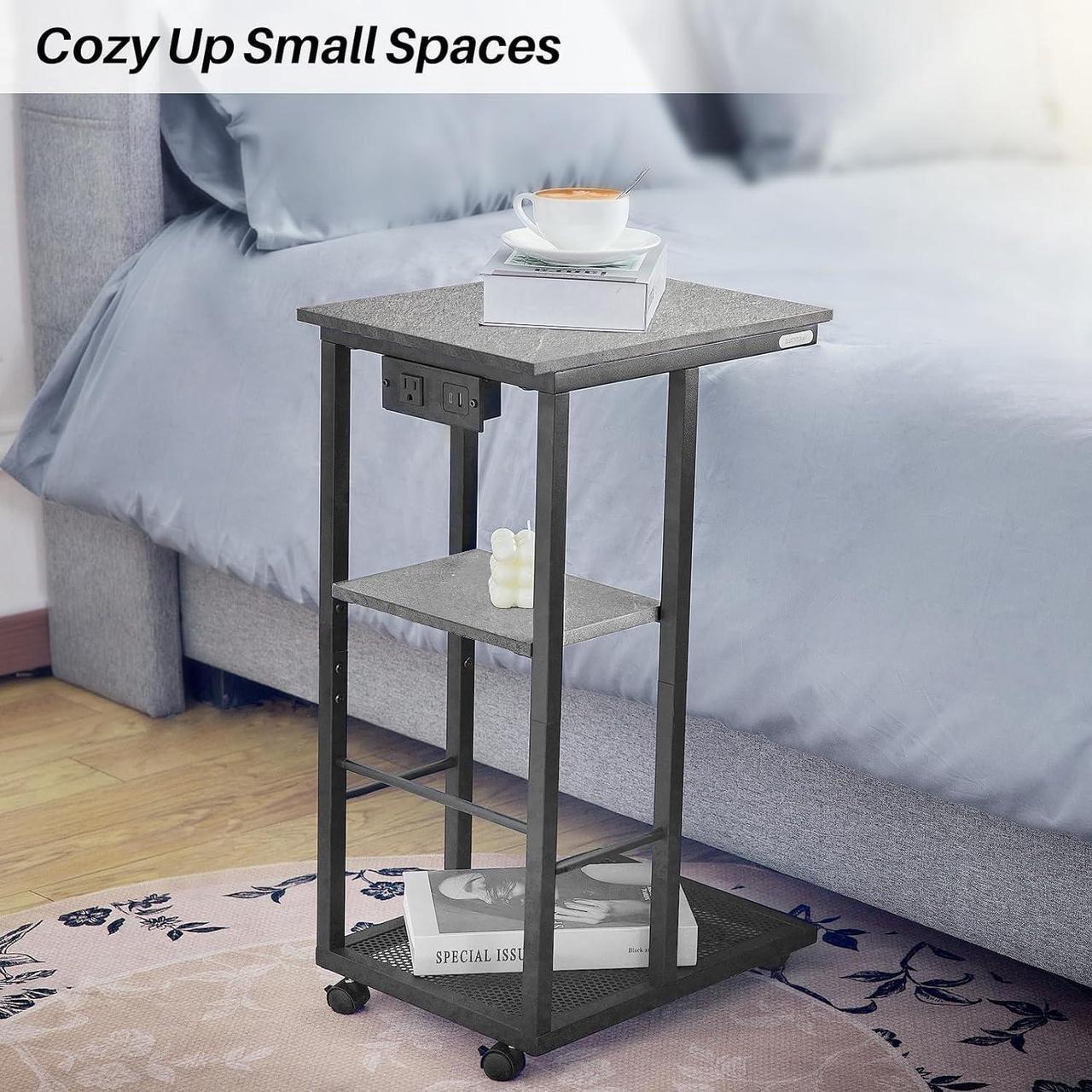 Alt view image 6 of 7 - Redlife C Shaped End Table, Small Side Table with Rolling Wheels for Couch with Charging Station, High Slide Under Sofa TableSnack Side Table with Storage Basket for Small Spaces(Grey)