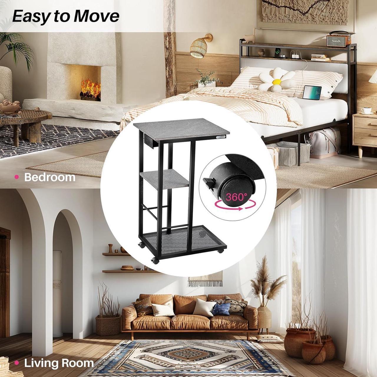 Alt view image 7 of 7 - Redlife C Shaped End Table, Small Side Table with Rolling Wheels for Couch with Charging Station, High Slide Under Sofa TableSnack Side Table with Storage Basket for Small Spaces(Grey)