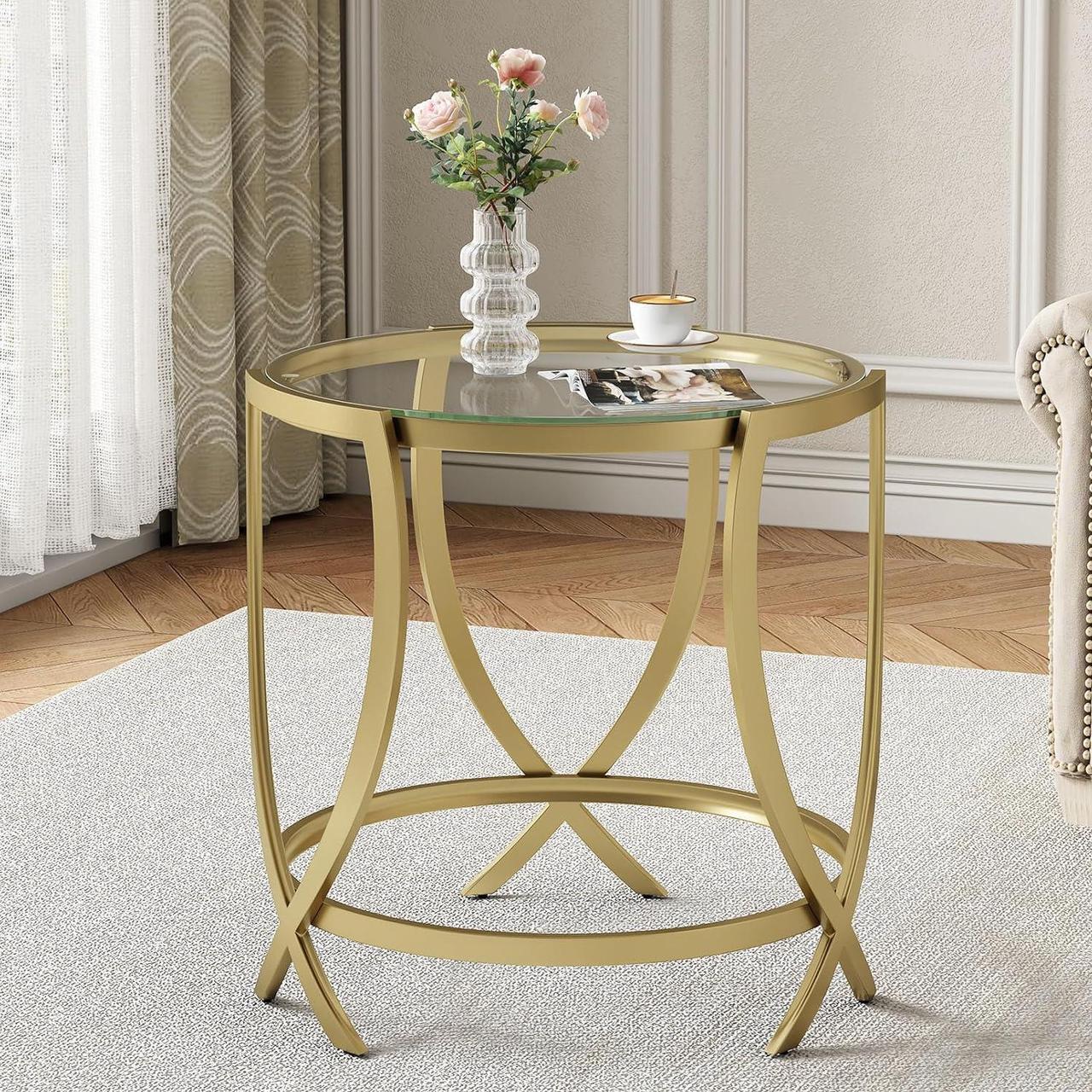 Main image of ASYA Round End Table, Glass Side Table with Tempered Glass and Metal Frame, Gold Nightstand for Living Room, Bedroom and Office