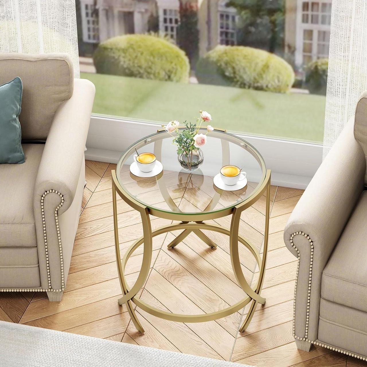 Alt view image 3 of 7 - ASYA Round End Table, Glass Side Table with Tempered Glass and Metal Frame, Gold Nightstand for Living Room, Bedroom and Office