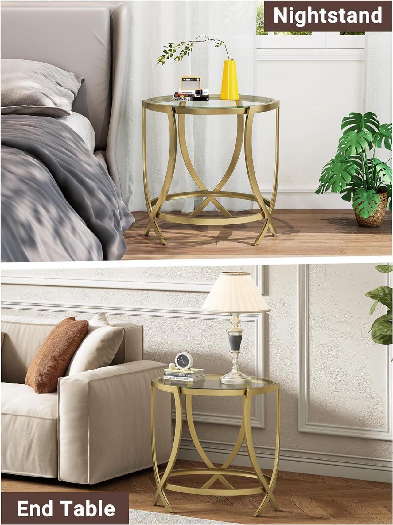 Alt view image 4 of 7 - ASYA Round End Table, Glass Side Table with Tempered Glass and Metal Frame, Gold Nightstand for Living Room, Bedroom and Office