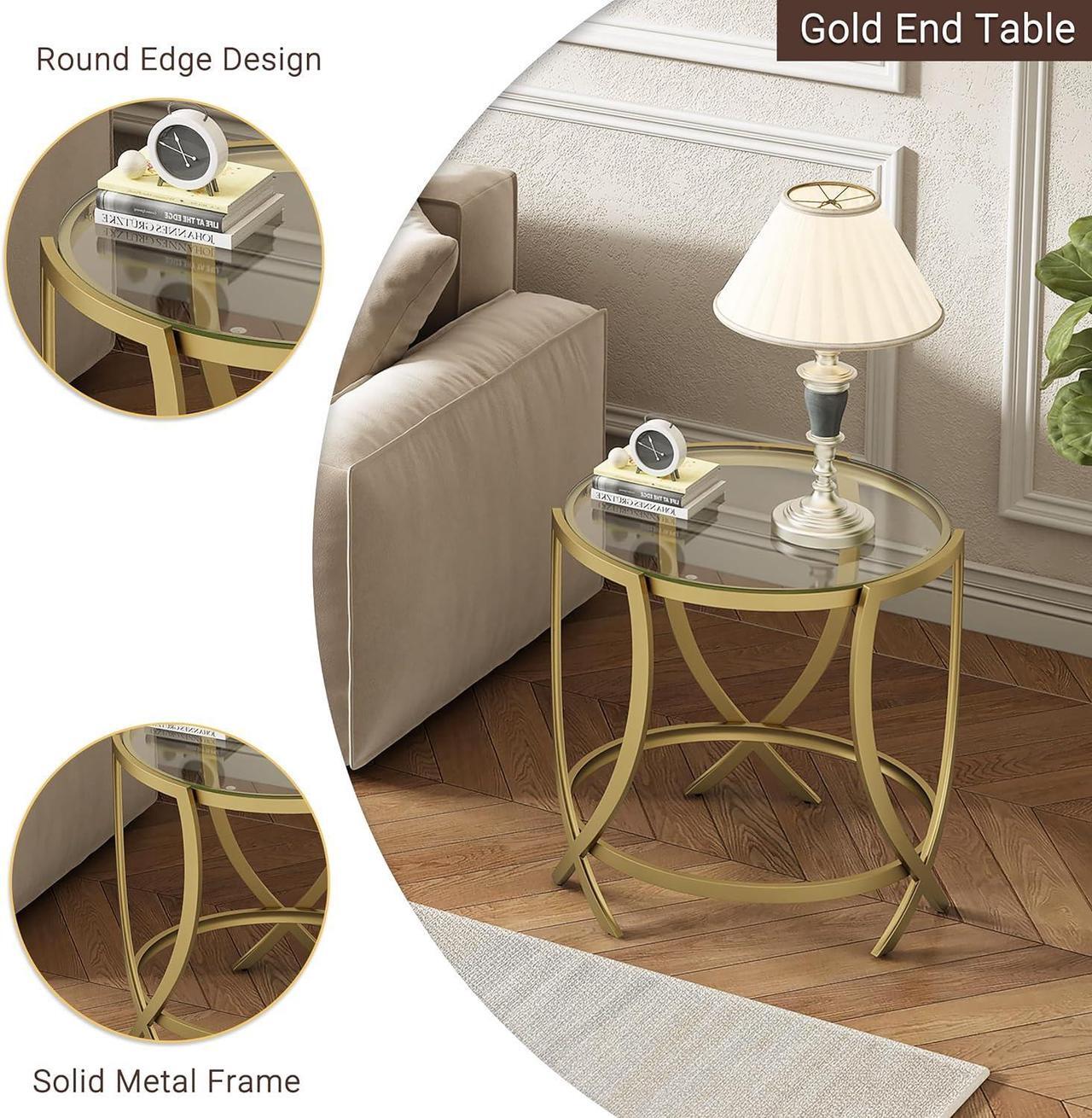 Alt view image 5 of 7 - ASYA Round End Table, Glass Side Table with Tempered Glass and Metal Frame, Gold Nightstand for Living Room, Bedroom and Office