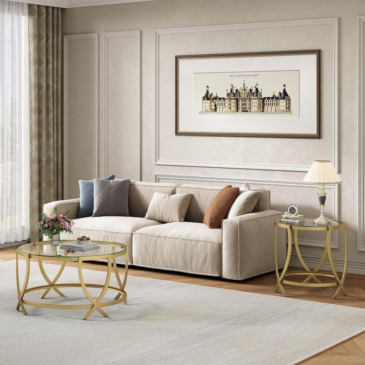 Alt view image 6 of 7 - ASYA Round End Table, Glass Side Table with Tempered Glass and Metal Frame, Gold Nightstand for Living Room, Bedroom and Office