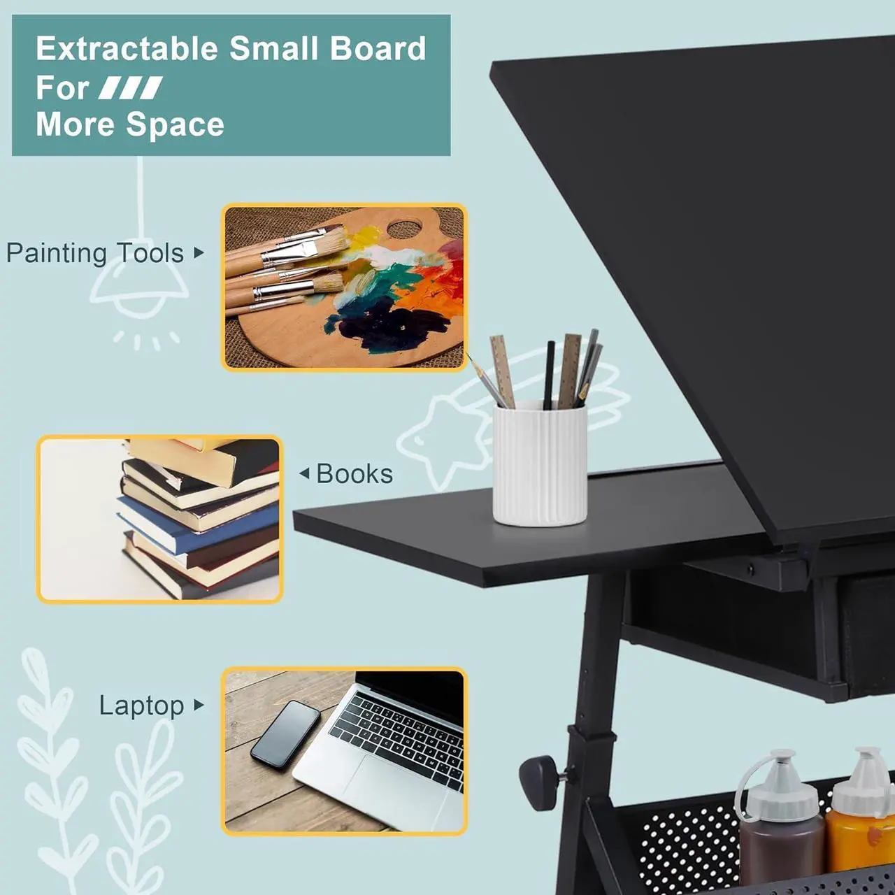 Alt view image 5 of 7 - ZENY Adjustable Drafting Table with Stool, Tilting Drawing Desk Artist Table with Storage Drawers, Art Craft Workstation for Home Office Reading, Writing, Crafting