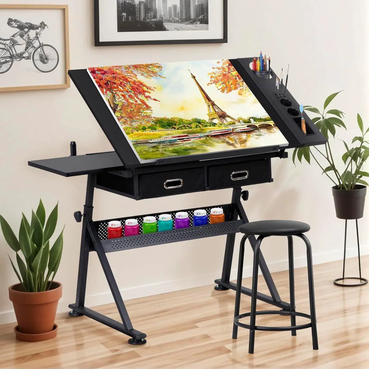Alt view image 7 of 7 - ZENY Adjustable Drafting Table with Stool, Tilting Drawing Desk Artist Table with Storage Drawers, Art Craft Workstation for Home Office Reading, Writing, Crafting